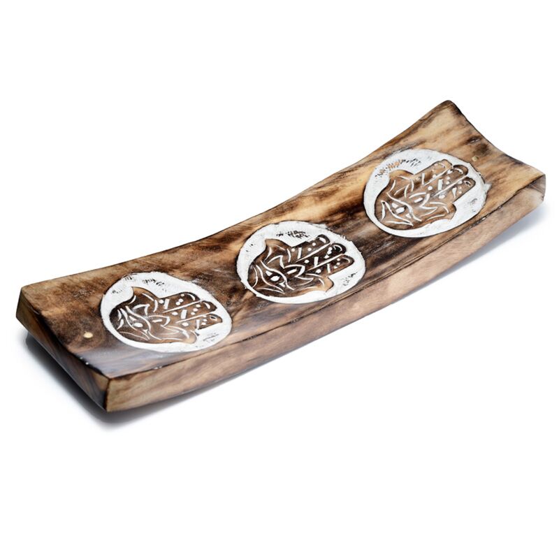 Popielnica na kadzidła z drewna mango – Łódka z motywem Dłoni Hamsa