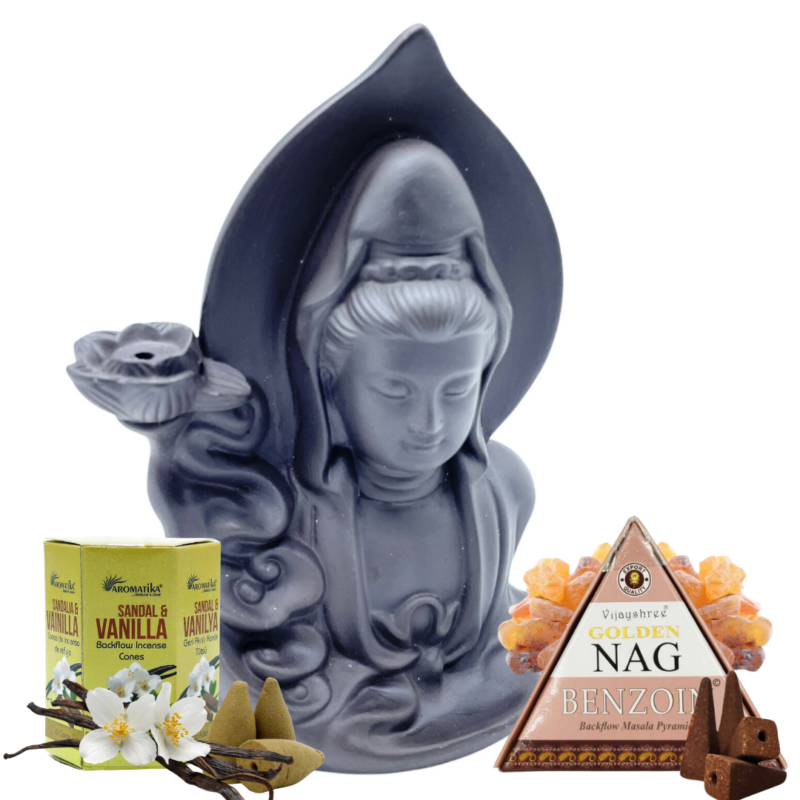 Zestaw Aromaterapeutyczny – Spokojny Budda + 2 zestawy kadzidełek Backflow